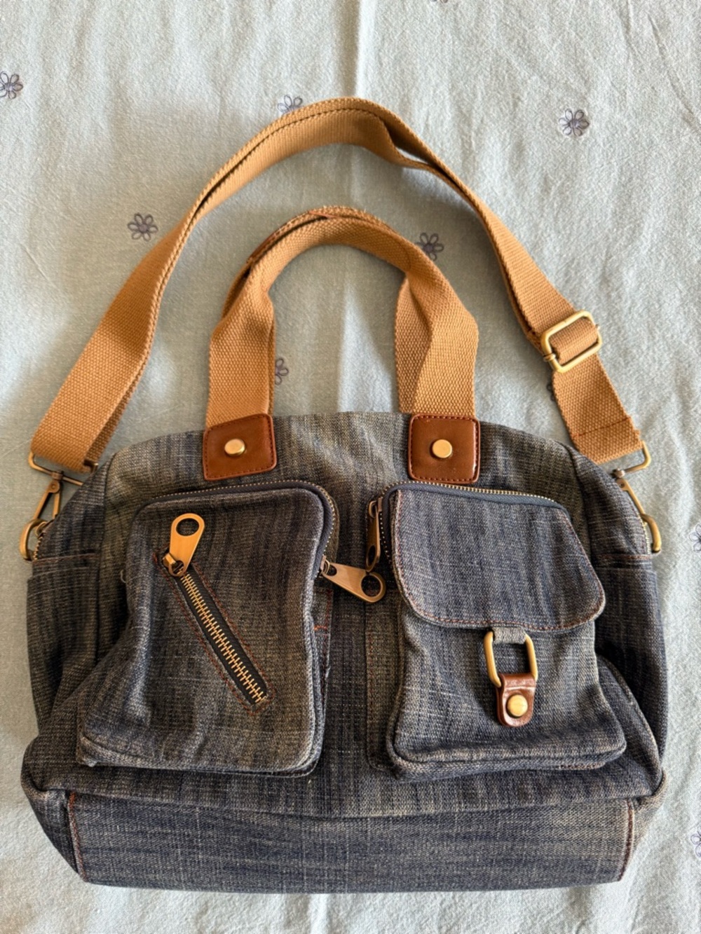 Casual Blue Denim Canvas Messenger Bag or Shoulder Bag with Tan Strap